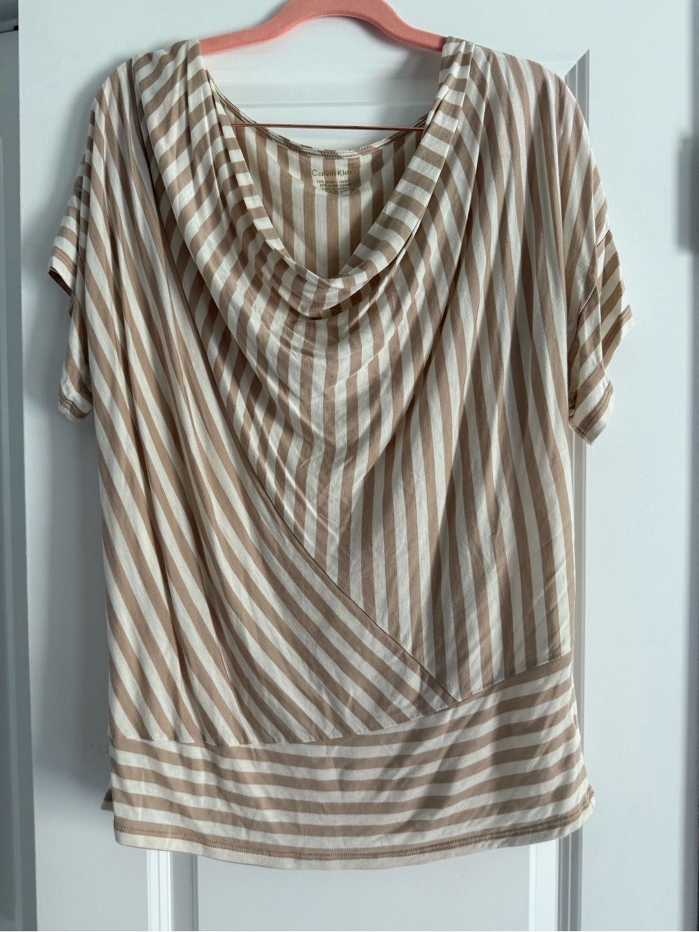 Calvin Klein Beige and White Striped Cowl Neck Short Sleeve Top